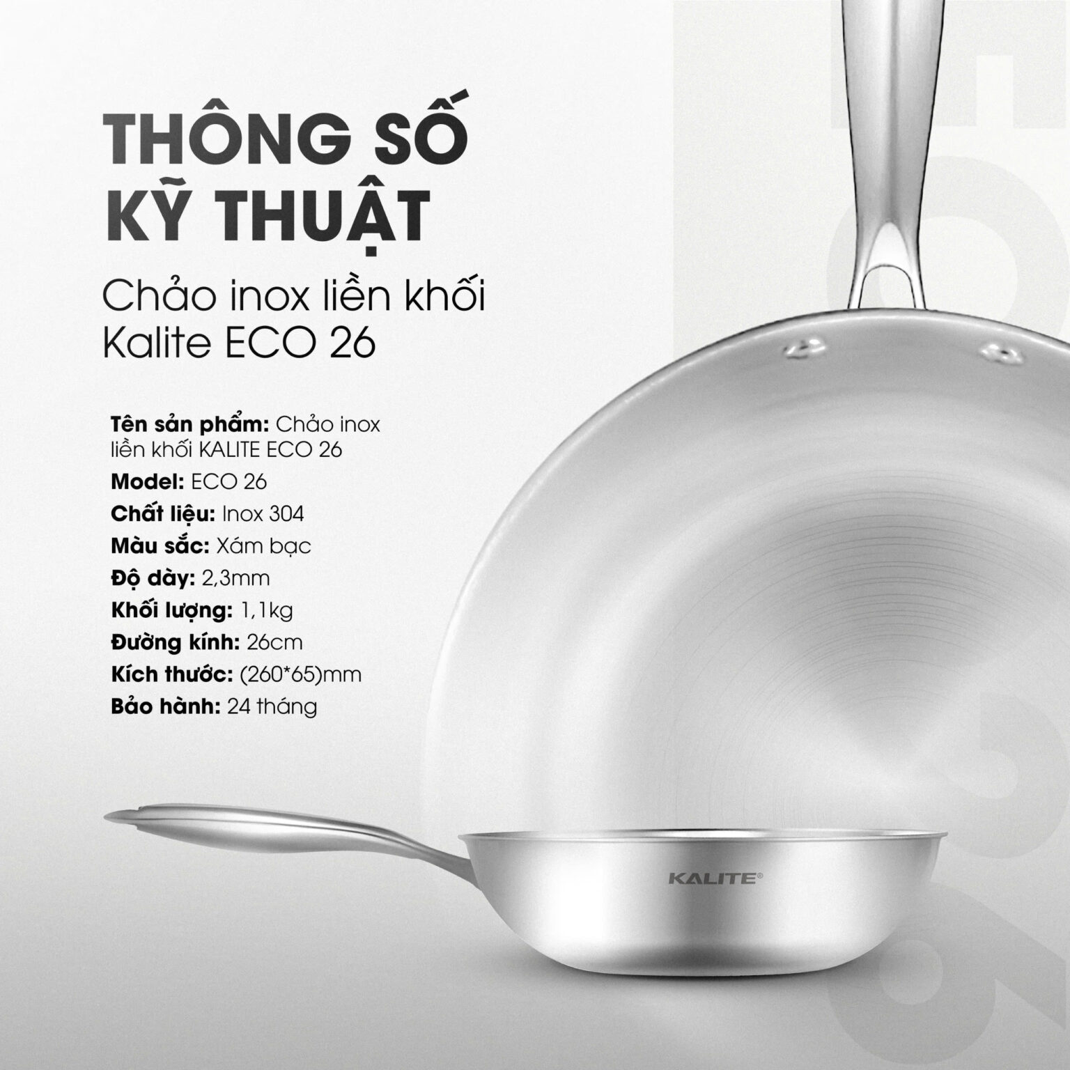 Chảo rán inox liền khối KALITE ECO26, inox 304, đáy 3 lớp, bắt từ tốt ...
