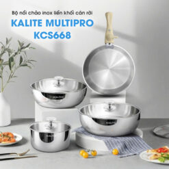 Bộ nồi chảo inox liền khối Kalite MultiPro KCS668, thiết kế 8 món cán rời xếp chồng gọn gàng, tối ưu lưu trữ tủ bếp & máy rửa bát, inox 304 cao cấp bền bỉ, dùng cho mọi loại bếp