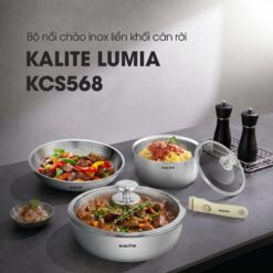Bộ nồi chảo inox liền khối Kalite Lumina KCS568 thiết kế cán rời xếp chồng gọn gàng, tối ưu lưu trữ tủ bếp & máy rửa bát, inox 304 cao cấp bền bỉ, dùng cho mọi loại bếp